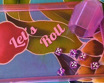 Dice Game set. 1 tray, 1 dice cup, 6 dice. Let's Roll, Pink, Blue, Yellow-green- Glow in the dark. Retro style. Neon pink. Food grade resin.