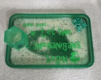 Dice game set. Tray, cup, acrylic die. Glow in the dark green glitter. Let the Shenanigans Begin.