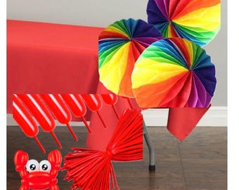 Bundle of Party Supplies ~ red 90x132 polyester table cloth, 100 moldable balloons, 3 6" honeycomb rainbow balls