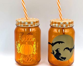 20 oz Mason jar glasses orange w/straws Fall theme Witch & Pumpkin