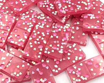 Glow in Dark Pink with Pink Heart Glitter Domino Set: Double Six, Pink Pips ~ matching racks/trays