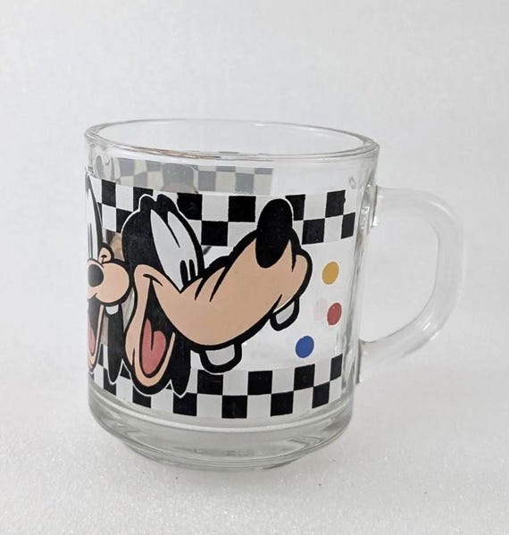 Vintage Disney Anchor Goofy Face Clear Glass Tea Cup Checkerboard Mug