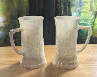 2 VTG Iridescent Federal White Milk Glass Beer Stein Mugs Embossed Bar Pub Scene