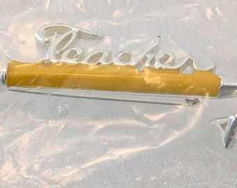 Yellow Pencil Teacher Pin Brooch A+ Gold Tone Enamel School Student Education
