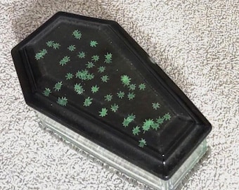 Coffin Casket trinket jewelry stash box. Glow in the dark leaves.