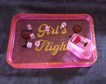 Girl's Night serving tray. Dice game cup, 6 dice. Neon Pink & glitter. Tray base glows in the dark. Handmade from food grade resin.