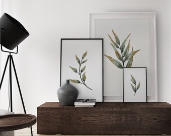 Arte de pared de hojas de acuarela, conjunto de 3 hojas cartel de pared, decoración de pared minimalista, arte de pared de impresión digital, arte de pared temático de plantas, conjunto de 3 arte