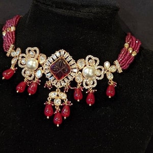 Beautiful Choker necklace in Wine Red color- with AD stones and unique earrings- Indian Jewelry - Handmade