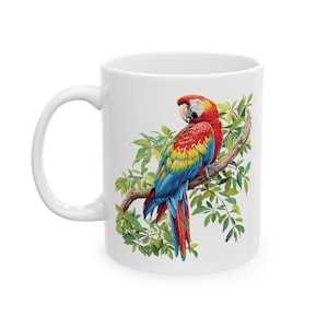 Parrot, Macaw, Exotic Bird 11oz Ceramic Mug,  Tropical Wildlife Coffee Cup, Gift for Bird Lovers, Birdwatcher, Animal Lover Gift