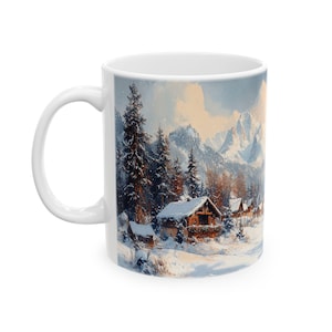 Picturesque Town Winter Wonderland Ceramic Mug, 11oz Coffee Cup, Scenic Winter Landscape Drinkware, Snowy Mountain Village Cup, Holiday Gift
