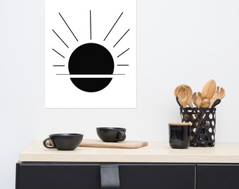 Minimalist Rising Sun Art Print | Black White Vertical Poster | Unframed for Gallery Wall Kitchen Office