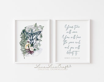 Set of 2 Evenstar Symbol and Quote Prints | Cottagecore Tolkien Watercolor Printable Wall Art | Bohemian Middle Earth | Digital Download