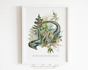 Horntail Dragon | Magical Beast Floral Watercolor Printable Wall Art | Whimsical Wizarding Magic School Print | Digital Download