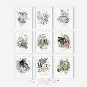 Set of Nine Magical Beasts Pack 01 | Floral Watercolor Printable Wall Art | Whimsical Wizard Magic School Nursery Prints | Digital Download