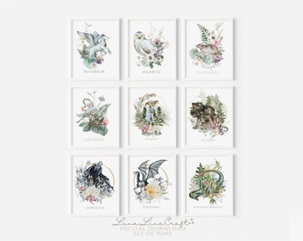 Set of Nine Magical Beasts Pack 01 | Floral Watercolor Printable Wall Art | Whimsical Wizard Magic School Nursery Prints | Digital Download