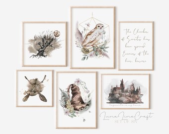 Set of Six Magical Wizarding School Prints | Neutral Floral Watercolor Printable Gallery Wall Art | Whimsical Nursery Set | Digital Download