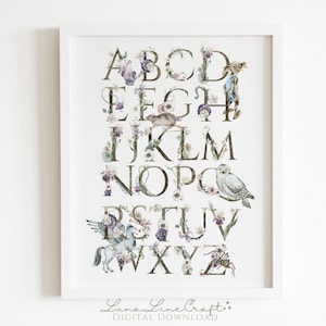 Magical Beast Alphabet Print | Floral Watercolor Printable Nursery Wall Art | Whimsical Wizarding Magic School | Digital Download