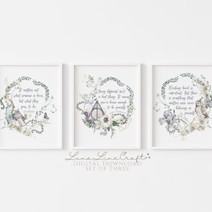 Set of Three HP Inspirational Quotes | Floral Pastel Watercolor Printable Wall Art | Whimsical Wizard Magic School Print | Digital Download