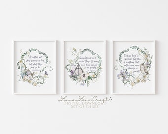 Set of Three HP Inspirational Quotes | Floral Pastel Watercolor Printable Wall Art | Whimsical Wizard Magic School Print | Digital Download