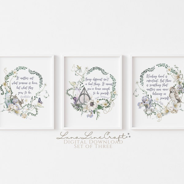 Set of Three HP Inspirational Quotes | Floral Pastel Watercolor Printable Wall Art | Whimsical Wizard Magic School Print | Digital Download