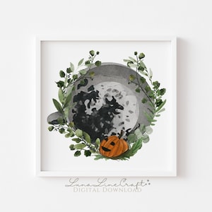 Grim Teetasse Druck | Quadratischer Botanischer Halloween Schwarzer Hund Aquarell Druckbare Wandkunst | Zauberende Cottagecore | Digitaler Download
