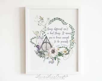 Cita inspiradora de HP Luna / Arte de pared imprimible en acuarela pastel floral / Impresión de la escuela de magia del mago caprichoso / Descarga digital Q03