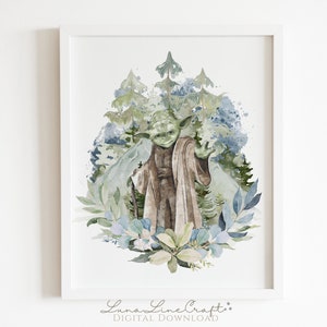 May include: A watercolour illustration of Yoda from Star Wars standing in a forest with blue and green foliage. The background is a watercolour wash of blue and green.