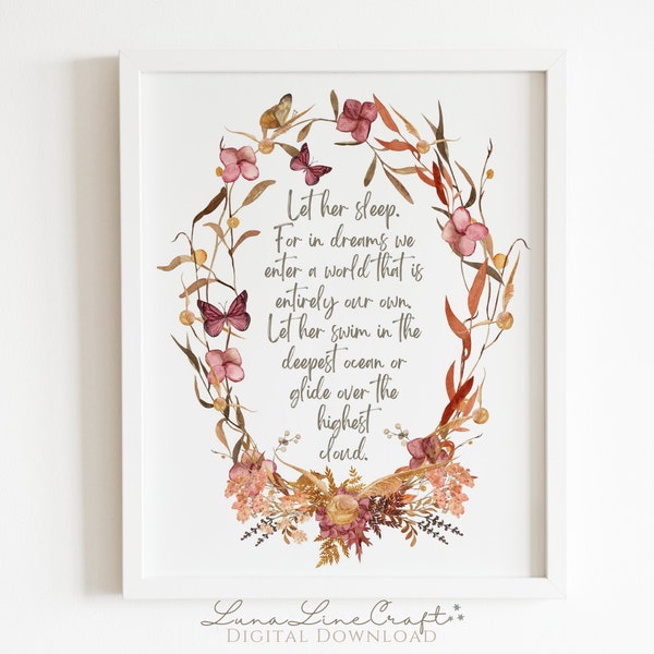 HP Let Her Sleep Quote | Cottagecore Wildlfower Floral Watercolor Printable Wall Art | Whimsical Wizarding Magic Nursery | Digital Download