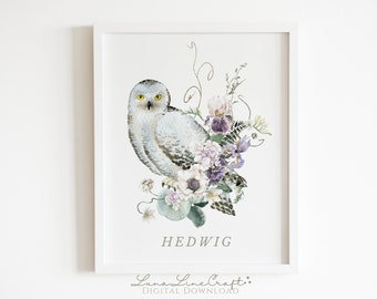 Harry&#39;s Snowy Owl | Magical Beast Floral Watercolor Printable Wall Art | Whimsical Wizarding Magic School Print | Digital Download