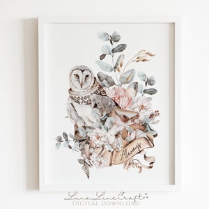 HP Floral Owl & Always Print | Botanical Winter Watercolor Always Quote Printable Wall Art | Whimsical Wizarding Nursery | Digital Download