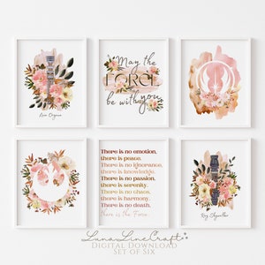 Set of 6 Galaxy Wars Rebel Girls | Rey & Leia Floral Watercolor Printable Gallery Wall Art | May the Force Nursery Prints | Digital Download