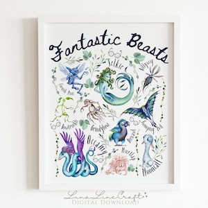 Fantastic Creature Chart | Folk Art Magical Beast Botanical Watercolor Printable Wall Art | Whimsical Wizard Magic School | Digital Download
