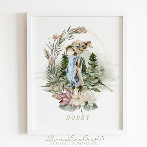 Magic House Elf / Bestia Mágica Floral Acuarela Imprimible Arte de pared / Whimsical Wizarding Cottagecore Magic School Print / Descarga Digital