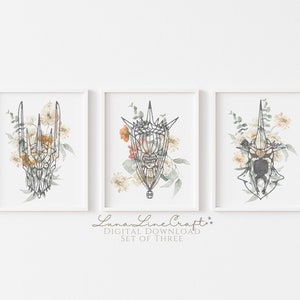 Set of 3 Floral Tolkien Necromancer & Friends | Pastel Watercolor Printable Wall Art | Bohemian Cottagecore Middle Earth | Digital Download