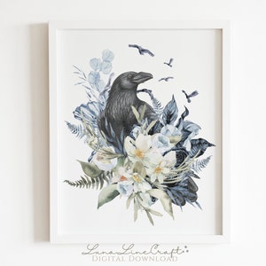 Magic Castle House Wisdom Raven | Floral Watercolor Printable Wall Art | Whimsical Wizard School Magic Print | Digital Download