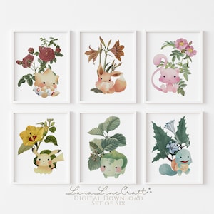 Set of Six Vintage Botanicals & Poke Monster | Floral Antique Watercolor Printable Gallery Wall Art | Cottagecore Nursery | Digital Download