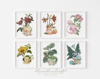 Ensemble de six plantes vintage et Poke Monster | Art mural de galerie imprimable aquarelle antique florale | Pépinière Cottagecore | Téléchargement numérique