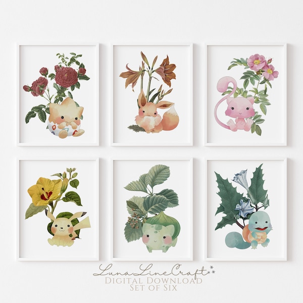 Set aus Sechs Vintage Botanicals & Pokemonster | Blumen Antike Aquarell druckbare Galerie Wandkunst | Cottagecore Kinderzimmer | Digitaler Download