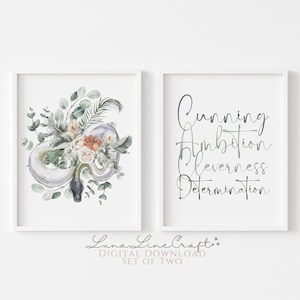 Set of 2 Cunning Snake Magic Castle House Prints | Floral Watercolor Printable Wall Art | Whimsical Wizarding School | Digital Download