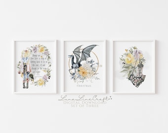 Lot de 3 Citations et bêtes magiques de Luna HP | Art mural imprimable aquarelle florale | École de magie de sorcier lunatique | Téléchargement numérique
