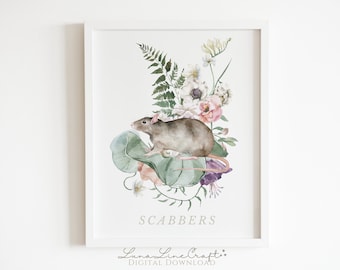 Ron's Magical Rat | Fantastic Creature Floral Watercolor Printable Wall Art | Whimsical Wizarding Magic School Print | Digital Download