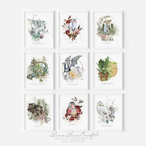 Set of Nine Magical Beasts Pack 02 | Floral Watercolor Printable Wall Art | Whimsical Wizard Magic School Nursery Prints | Digital Download