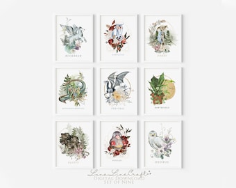 Set of Nine Magical Beasts Pack 02 | Floral Watercolor Printable Wall Art | Whimsical Wizard Magic School Nursery Prints | Digital Download