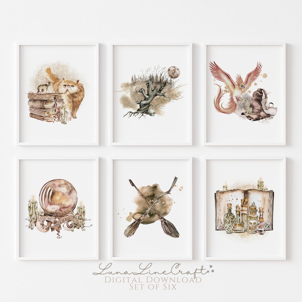 Set of Six Magical Wizard School Prints | Neutral Watercolor Printable Gallery Wall Art | Whimsical Nursery Set | Digital Download S602