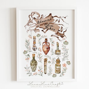 Gráfico avançado para fazer poções | Arte de parede para impressão em aquarela botânica mágica | Decoração extravagante de sala de aula mágica | Download digital