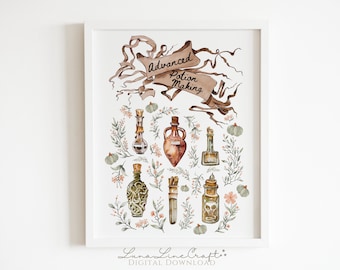 Gráfico avanzado de fabricación de pociones / Arte de pared imprimible en acuarela botánica mágica / Decoración caprichosa del aula mágica / Descarga digital