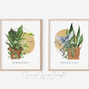 Set of Two Magical Beasts | Houseplant Watercolor Printable Wall Art | Whimsical Wizard Magic School Print | Digital Download S204