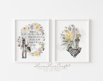 Conjunto de 2 impresiones de citas inspiradoras de HP Luna / Arte de pared imprimible en acuarela pastel floral / Escuela de magia de mago caprichoso / Descarga digital