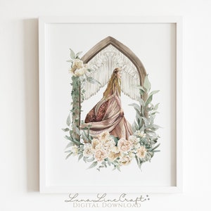 Tolkien Magic Elf Portrait | Floral Watercolor Printable Wall Art | Bohemian Middle Earth Nursery Print | Digital Download