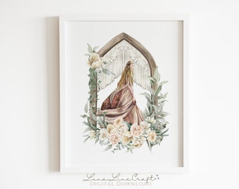 Tolkien magische elf portret | Bloemen aquarel afdrukbare muurkunst | Boho Midden-aarde kwekerij print | Digitaal downloaden